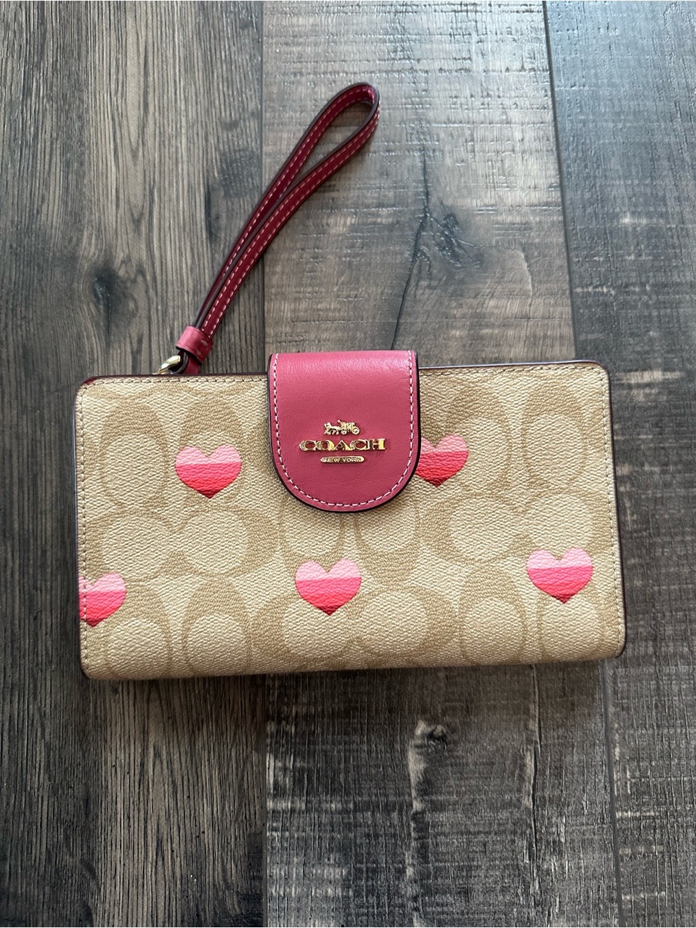 Coach Tech Wallet khaki Signature Canvas w/ Stripe Heart Print EXCELLENT
